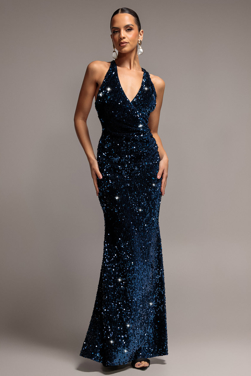 Sequin & Velvet V Neck Cross Back Maxi Dress - Navy Blue DR5111