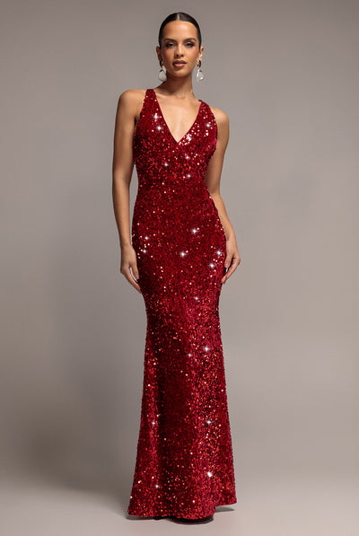 Red - Sequin & Velvet V Neck Cross Back Maxi Dress - Red by Goddiva