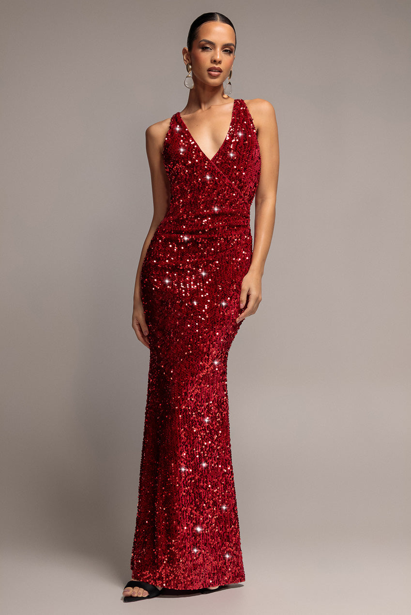 Sequin & Velvet V Neck Cross Back Maxi Dress - Red DR5111