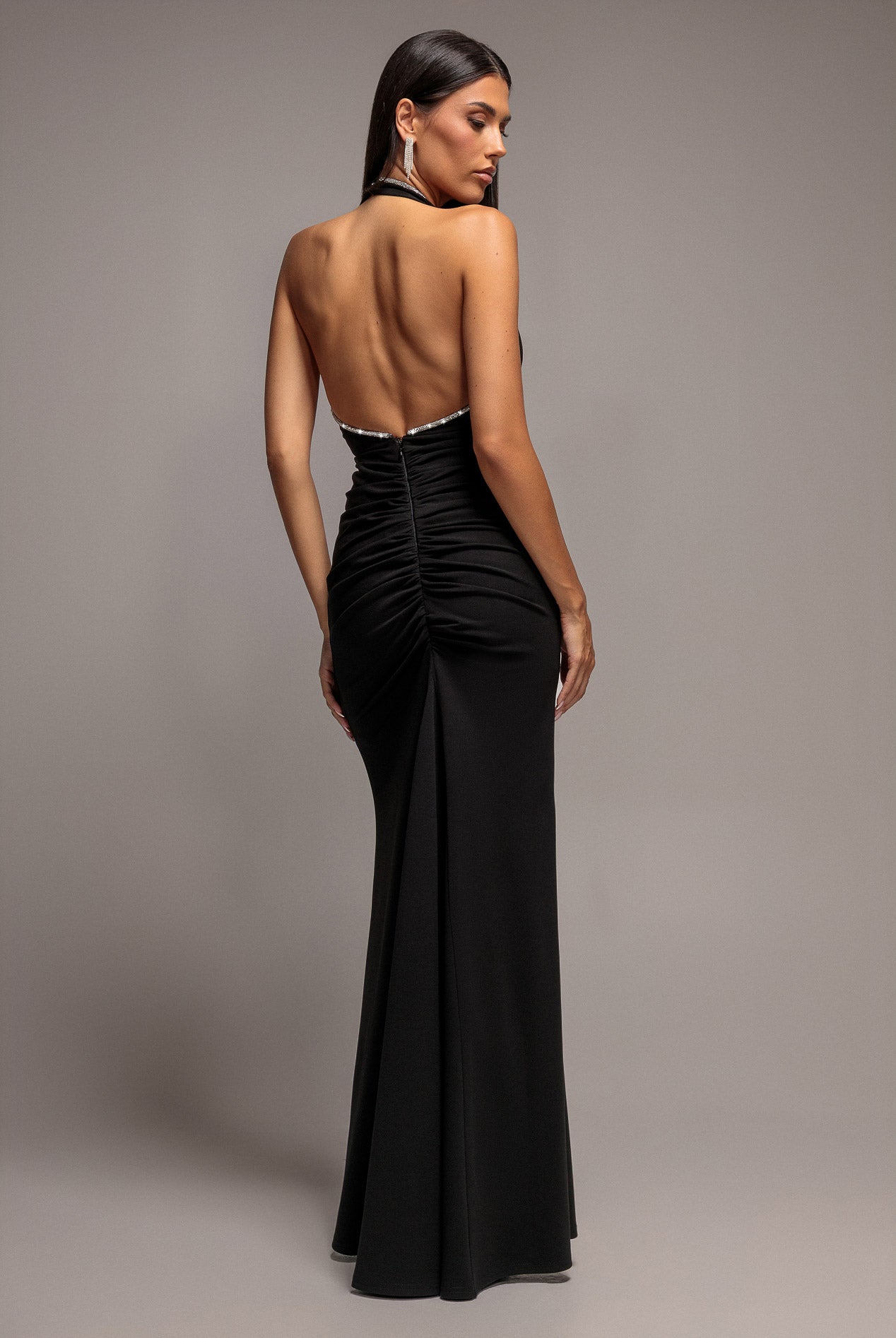 Diamond Open Back Halter Neck Maxi Dress - Black DR5112