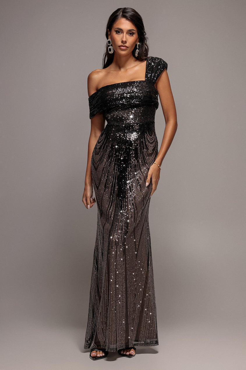 Ombre Sequin One Shoulder Bardot Maxi Dress - Black DR5113