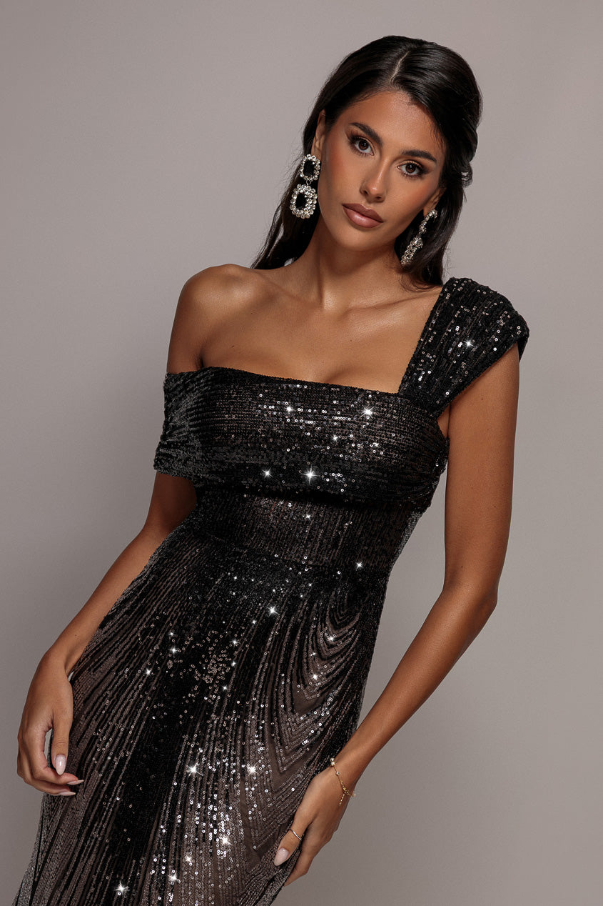 Ombre Sequin One Shoulder Bardot Maxi Dress - Black DR5113