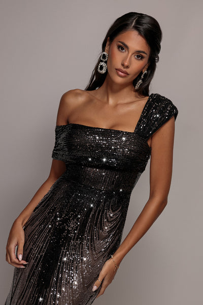 Ombre Sequin One Shoulder Bardot Maxi Dress - Black by Goddiva