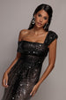 Ombre Sequin One Shoulder Bardot Maxi Dress - Black by Goddiva