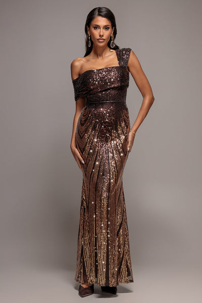 Ombre Sequin One Shoulder Bardot Maxi Dress - Brown by Goddiva