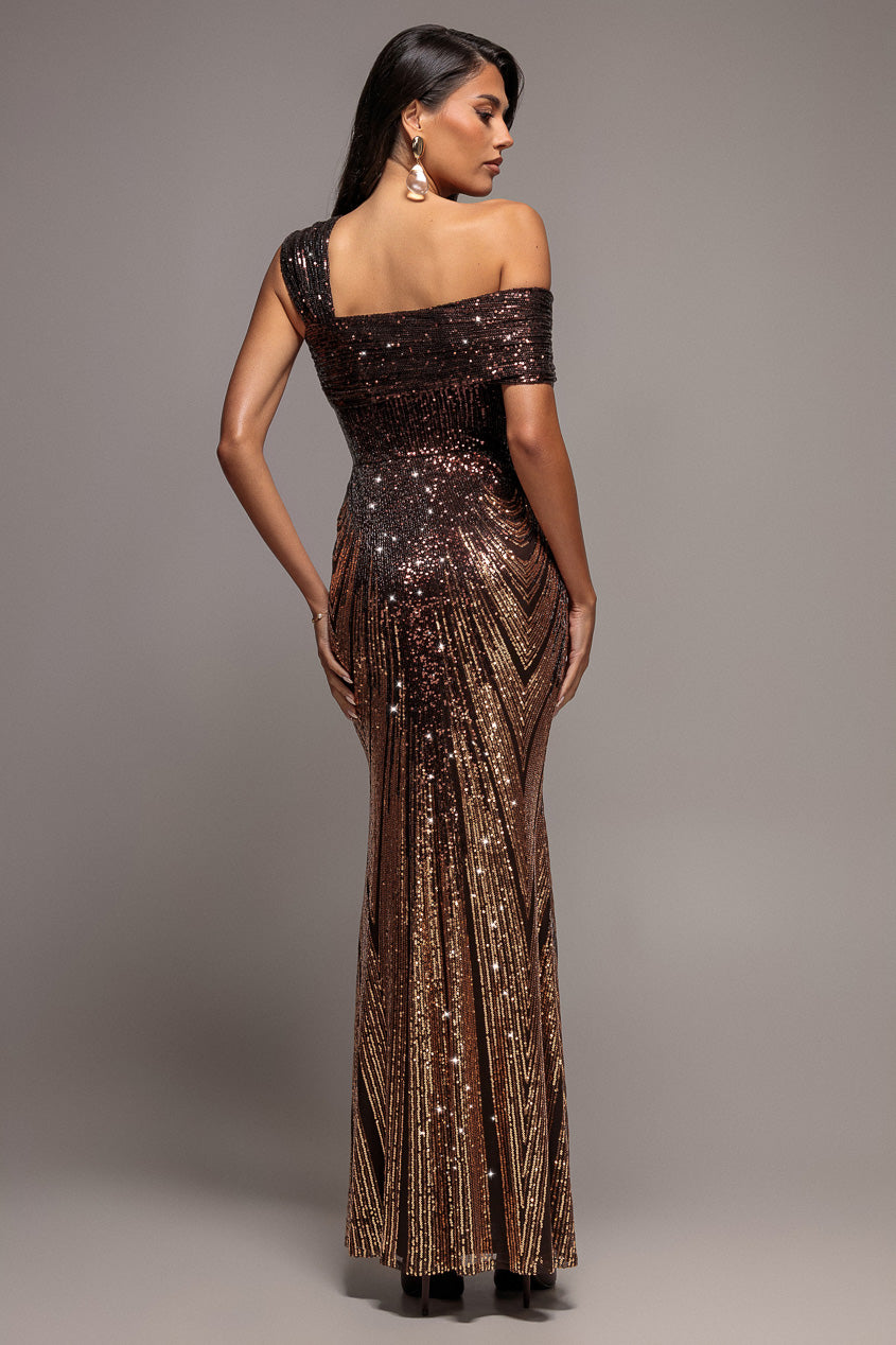 Ombre Sequin One Shoulder Bardot Maxi Dress - Brown DR5113