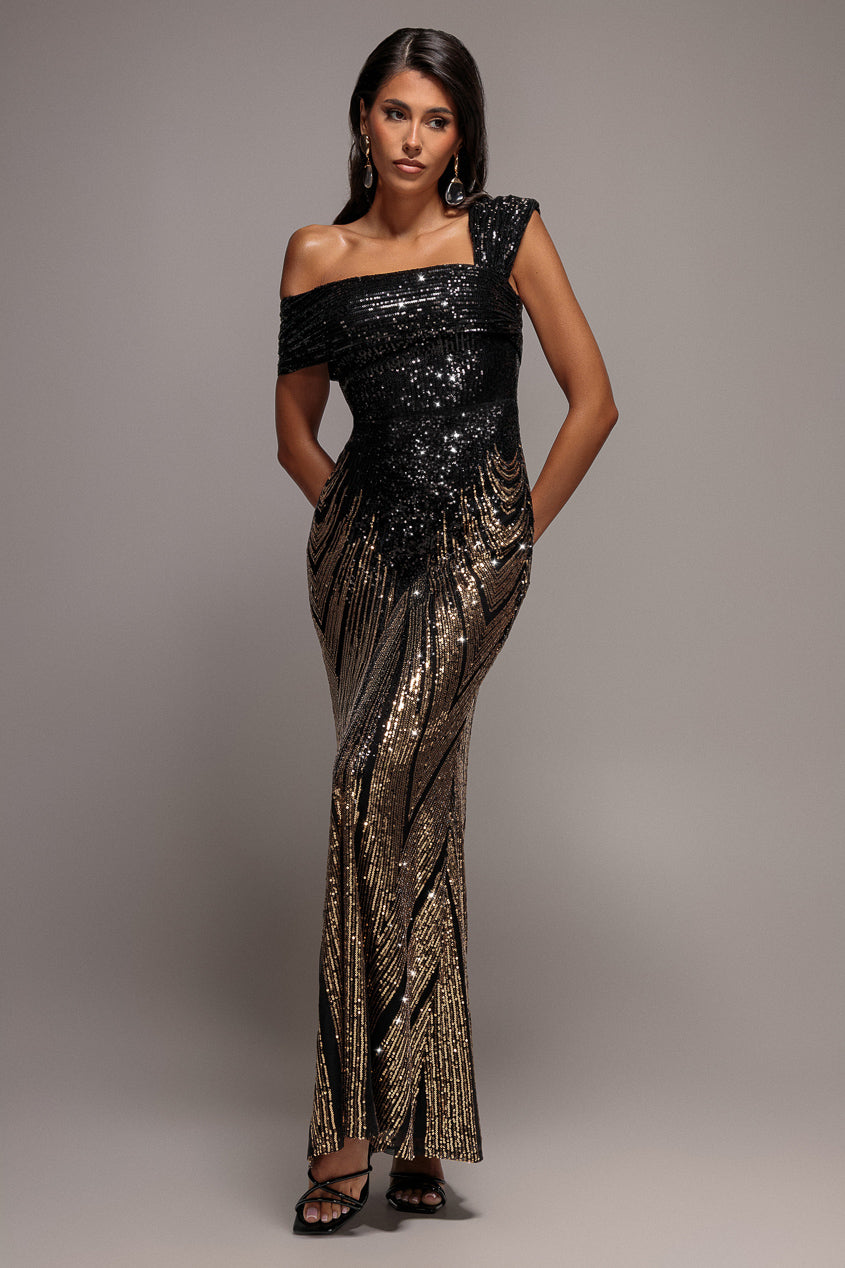 Ombre Sequin One Shoulder Bardot Maxi Dress - Gold DR5113