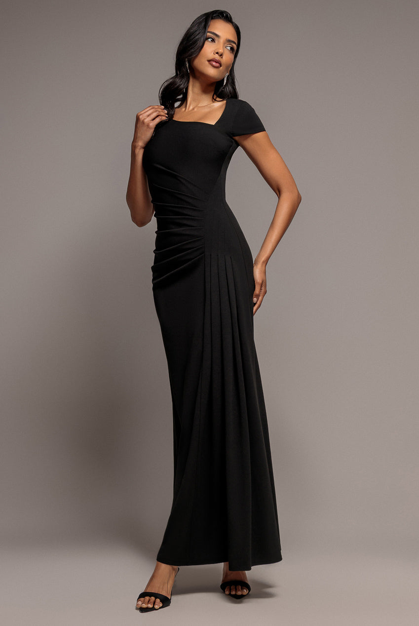 Cap Sleeve Pleated Asymmetric Maxi Dress - Black DR5115