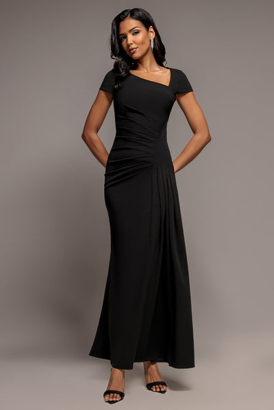 Black - Cap Sleeve Pleated Asymmetric Maxi Dress - Black by Goddiva