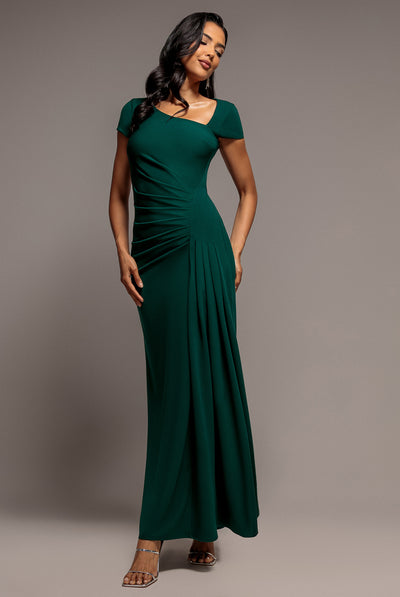 Emerald Green - Cap Sleeve Pleated Asymmetric Maxi Dress - Emerald Green by Goddiva