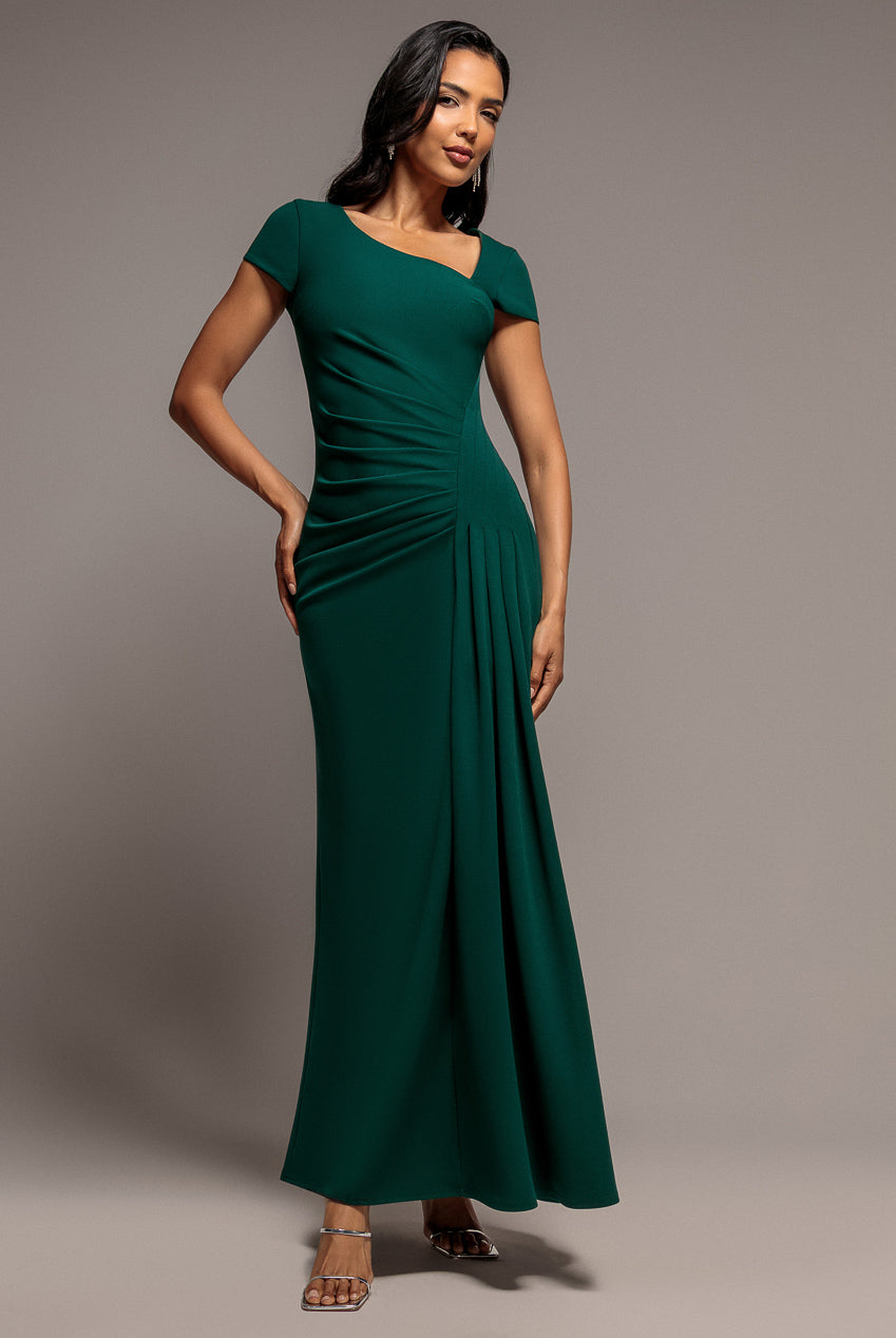 Cap Sleeve Pleated Asymmetric Maxi Dress - Emerald Green DR5115