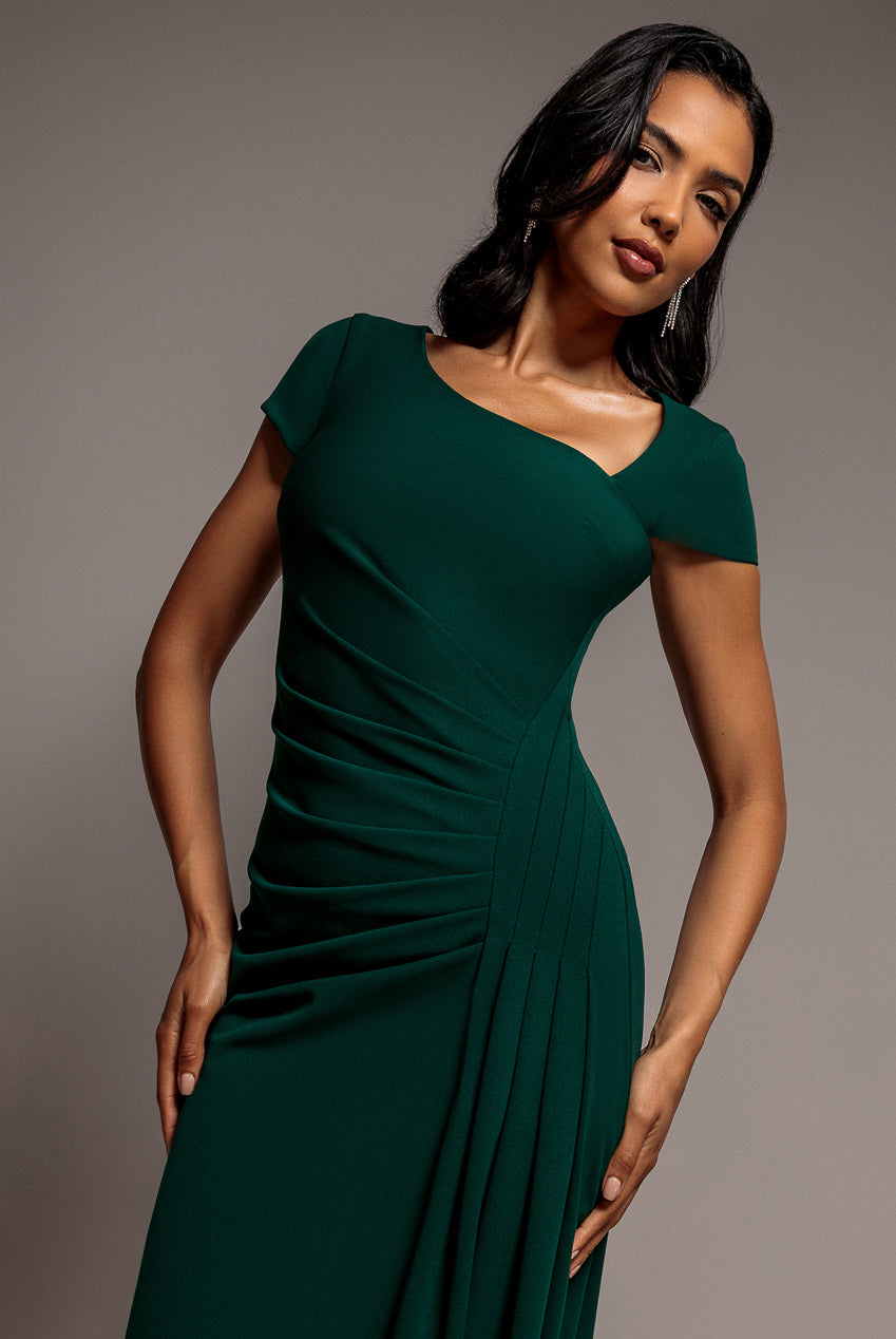 Cap Sleeve Pleated Asymmetric Maxi Dress - Emerald Green DR5115
