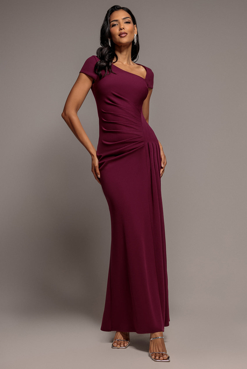 Cap Sleeve Pleated Asymmetric Maxi Dress - Plum DR5115