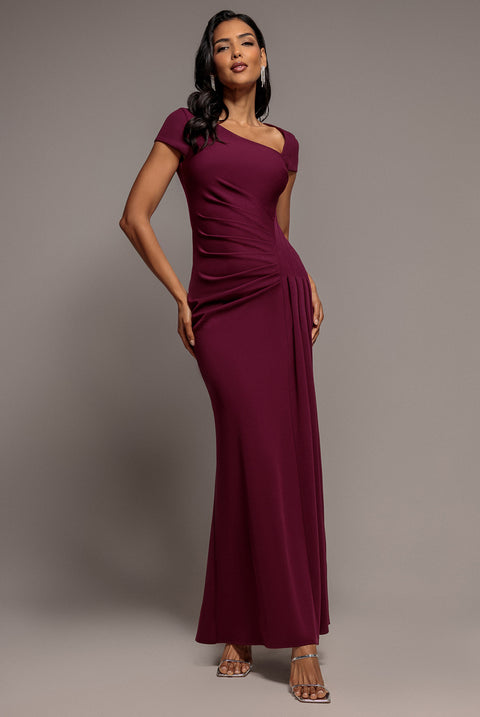Cap Sleeve Pleated Asymmetric Maxi Dress - Plum by Goddiva