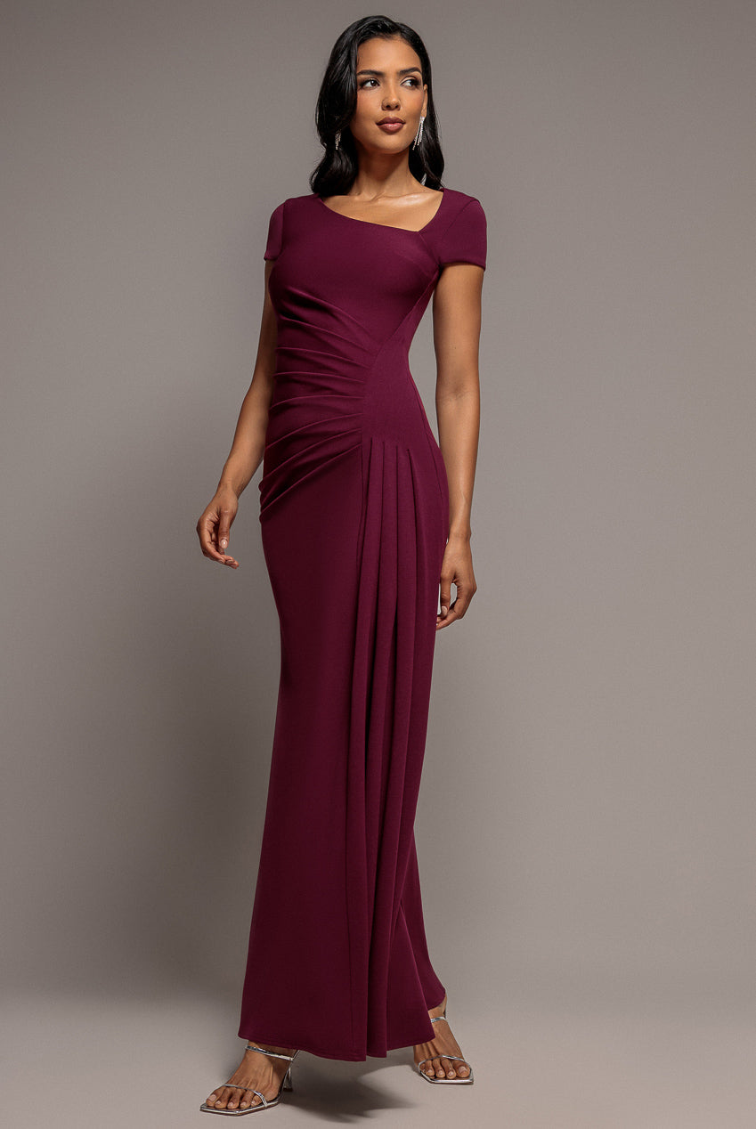 Cap Sleeve Pleated Asymmetric Maxi Dress - Plum DR5115