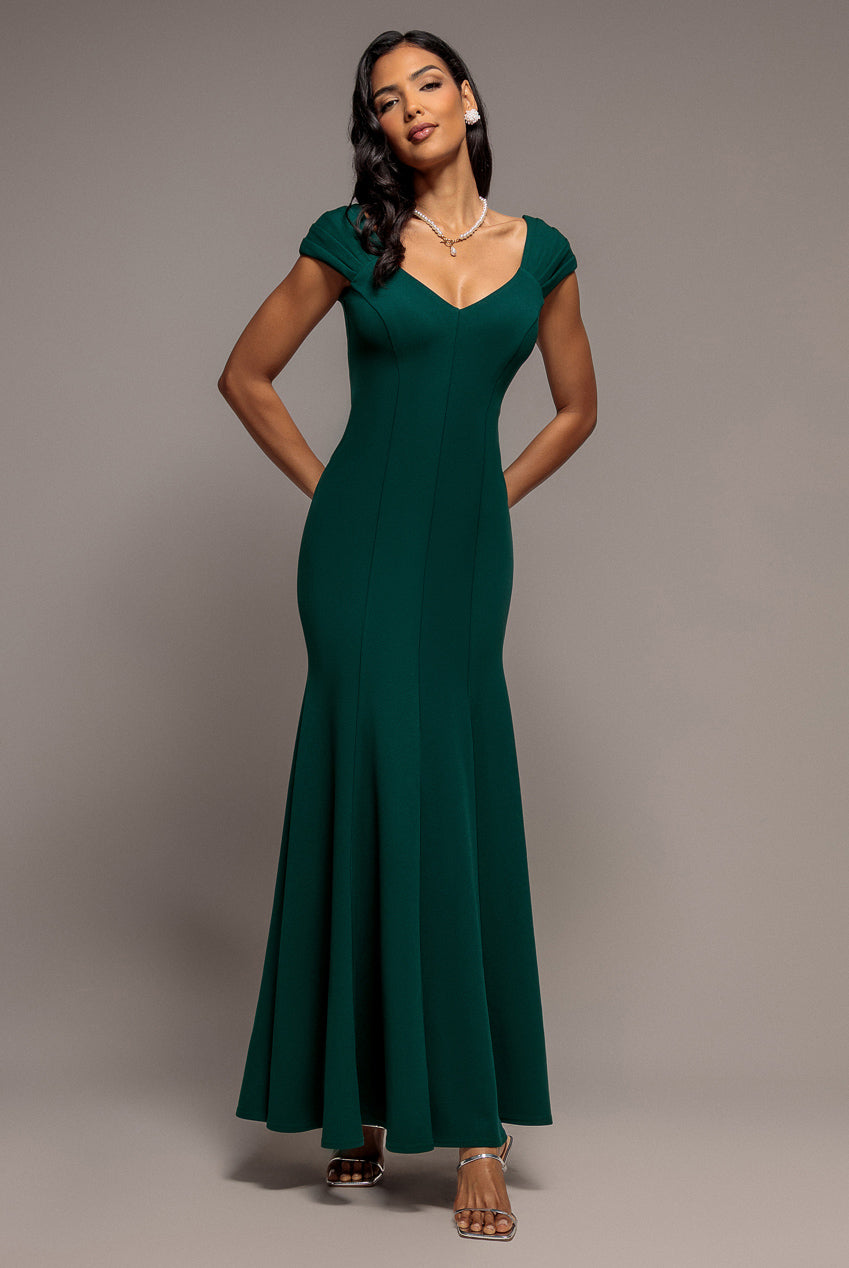 Capped Sleeve V Neck Pleated Fit & Flare Maxi Dress - Emerald Green DR5117