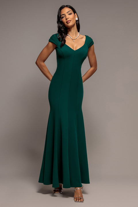 Capped Sleeve V Neck Pleated Fit & Flare Maxi Dress - Emerald Green by Goddiva