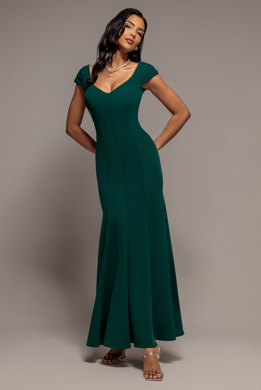 Capped Sleeve V Neck Pleated Fit & Flare Maxi Dress - Emerald Green DR5117