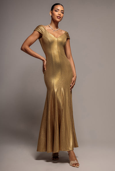 Capped Sleeve V Neck Pleated Fit & Flare Maxi Dress - Gold by Goddiva
