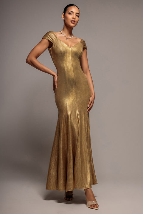 Capped Sleeve V Neck Pleated Fit & Flare Maxi Dress - Gold by Goddiva