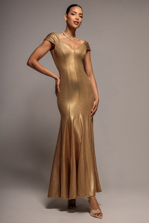 Capped Sleeve V Neck Pleated Fit & Flare Maxi Dress - Gold by Goddiva