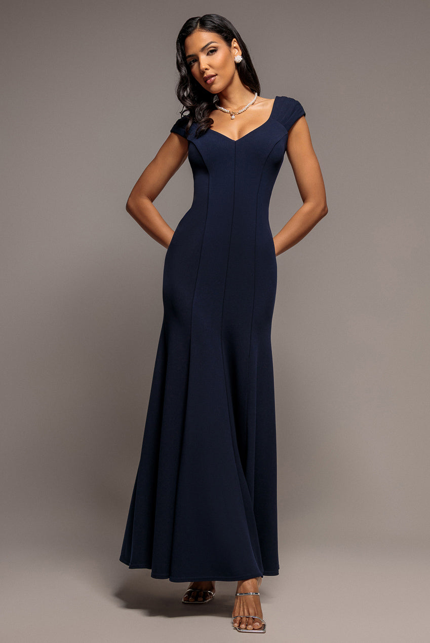 Capped Sleeve V Neck Pleated Fit & Flare Maxi Dress - Navy Blue DR5117
