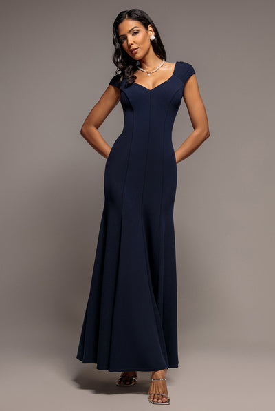 Navy - Capped Sleeve V Neck Pleated Fit & Flare Maxi Dress - Navy Blue by Goddiva