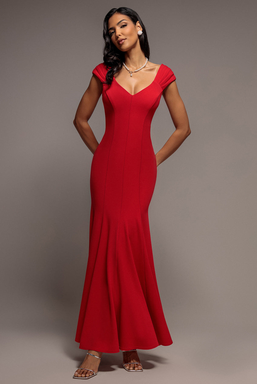 Capped Sleeve V Neck Pleated Fit & Flare Maxi Dress - Red DR5117