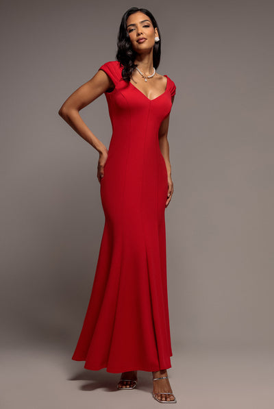 Red - Capped Sleeve V Neck Pleated Fit & Flare Maxi Dress - Red by Goddiva