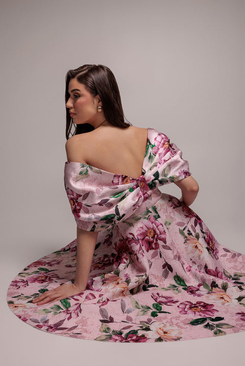 Off Shoulder Floral Bow Back A Line Midi Dress - Blush Pink by Goddiva