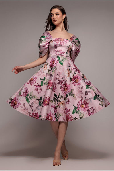 Blush - Off Shoulder Floral Bow Back A Line Midi Dress - Blush Pink by Goddiva