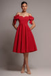 Bardot Plunge Neck Bow Sleeve A Line Midi Dress - Red by Goddiva