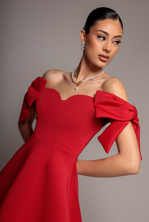 Bardot Plunge Neck Bow Sleeve Skater Mini Dress - Red by Goddiva