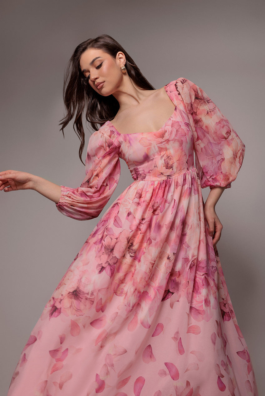 Floral Print Shirred Back A Line Maxi Dress - Blush Pink DR5132
