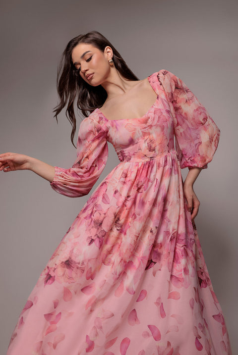Floral Print Shirred Back A Line Maxi Dress - Blush Pink by Goddiva