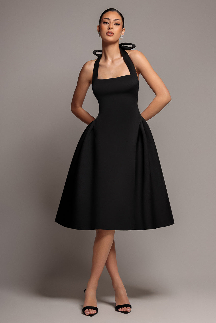 Corset Fit And Flare Halter Neck Midi Dress - Black | Goddiva