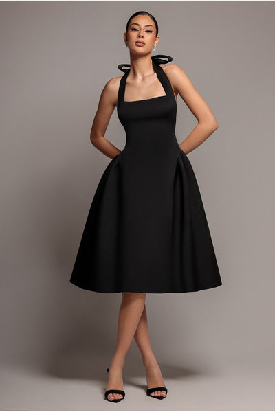 Corset Fit And Flare Halter Neck Midi Dress - Black by Goddiva