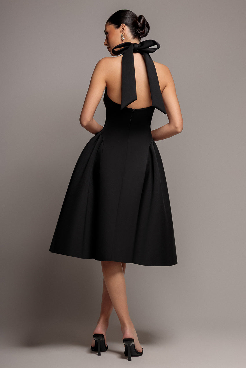 Corset Fit And Flare Halter Neck Midi Dress - Black DR5134