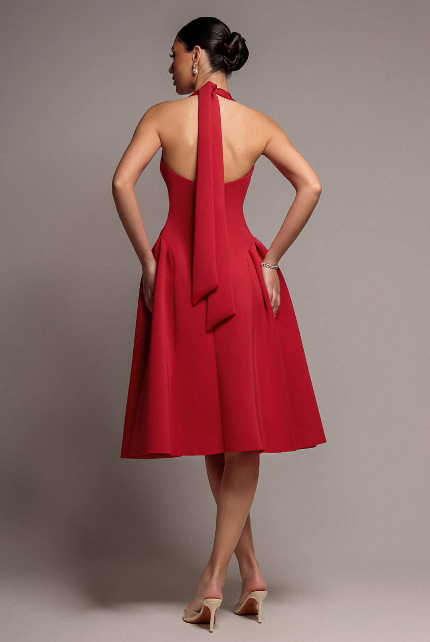 Corset Fit And Flare Halter Neck Midi Dress - Red DR5134