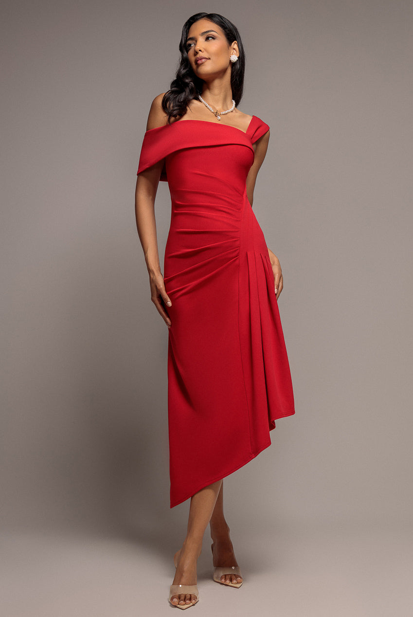 Off Shoulder Pleated Waist Asymmetric Midaxi Dress - Red DR5137