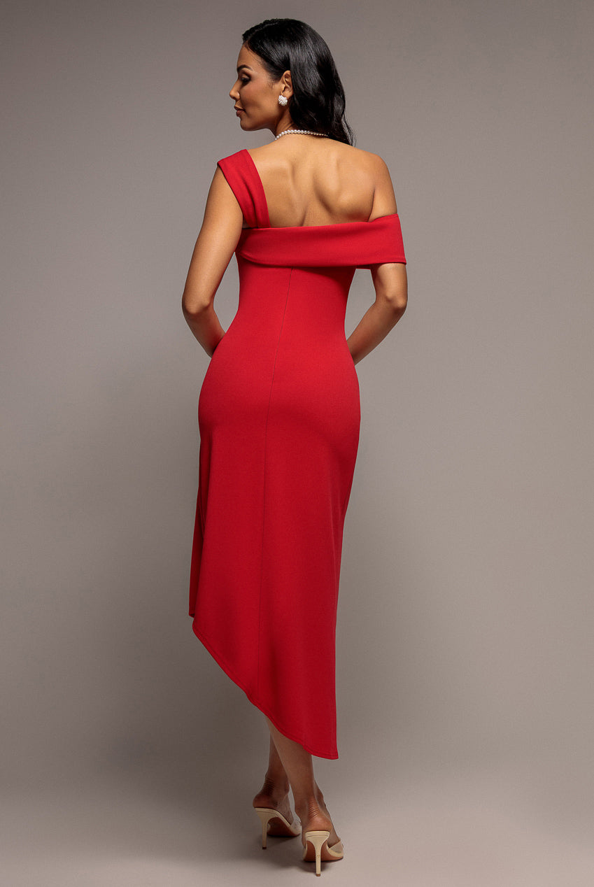Off Shoulder Pleated Waist Asymmetric Midaxi Dress - Red DR5137