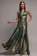 Halterneck Empire Waist Gathered Sunrise Foil  Maxi Dress - Dark Gold by Goddiva
