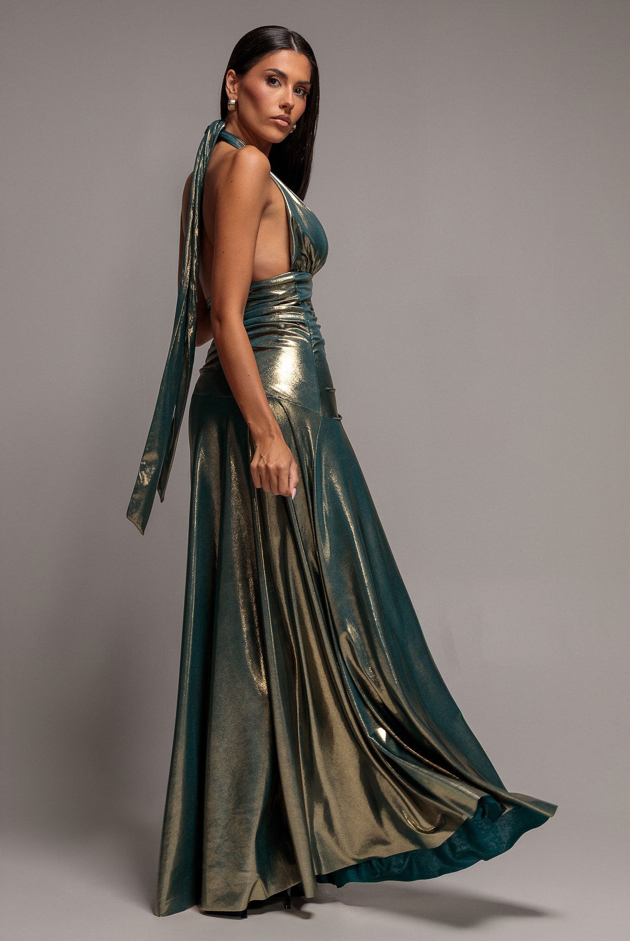 Halterneck Empire Waist Gathered Sunrise Foil  Maxi Dress - Dark Gold DR5138