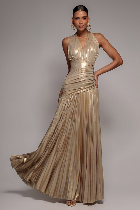 Halterneck Empire Waist Gathered Sunrise Foil  Maxi Dress - Gold by Goddiva