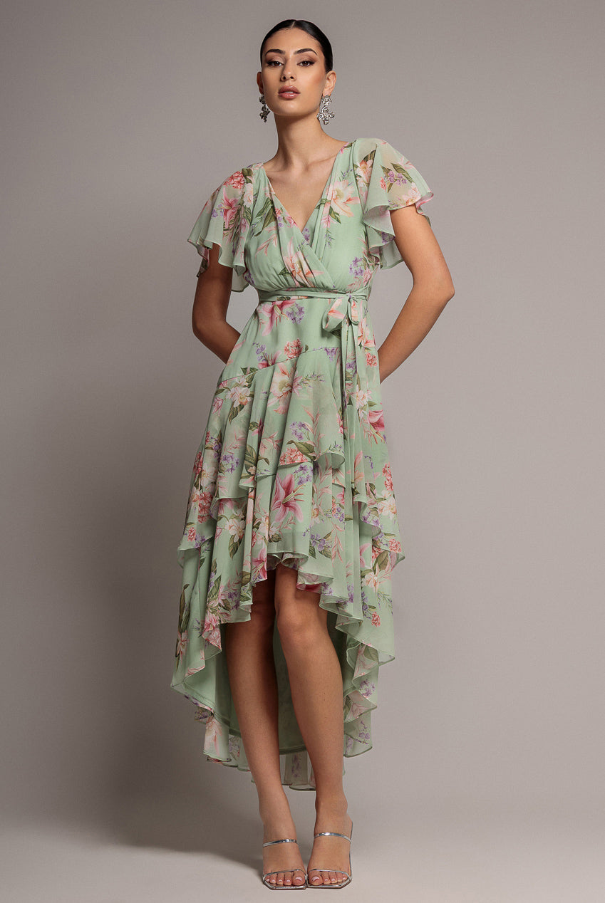 Flutter Sleeve Chiffon Midaxi Wrap Dress - Sage Green DR5140