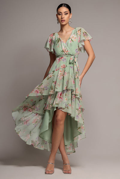 Sage Green - Flutter Sleeve Chiffon Midaxi Wrap Dress - Sage Green by Goddiva