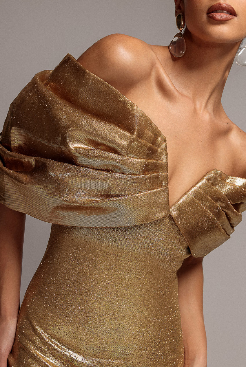Plunge Neck Bardot Foil & Organza Maxi Dress - Gold DR5145