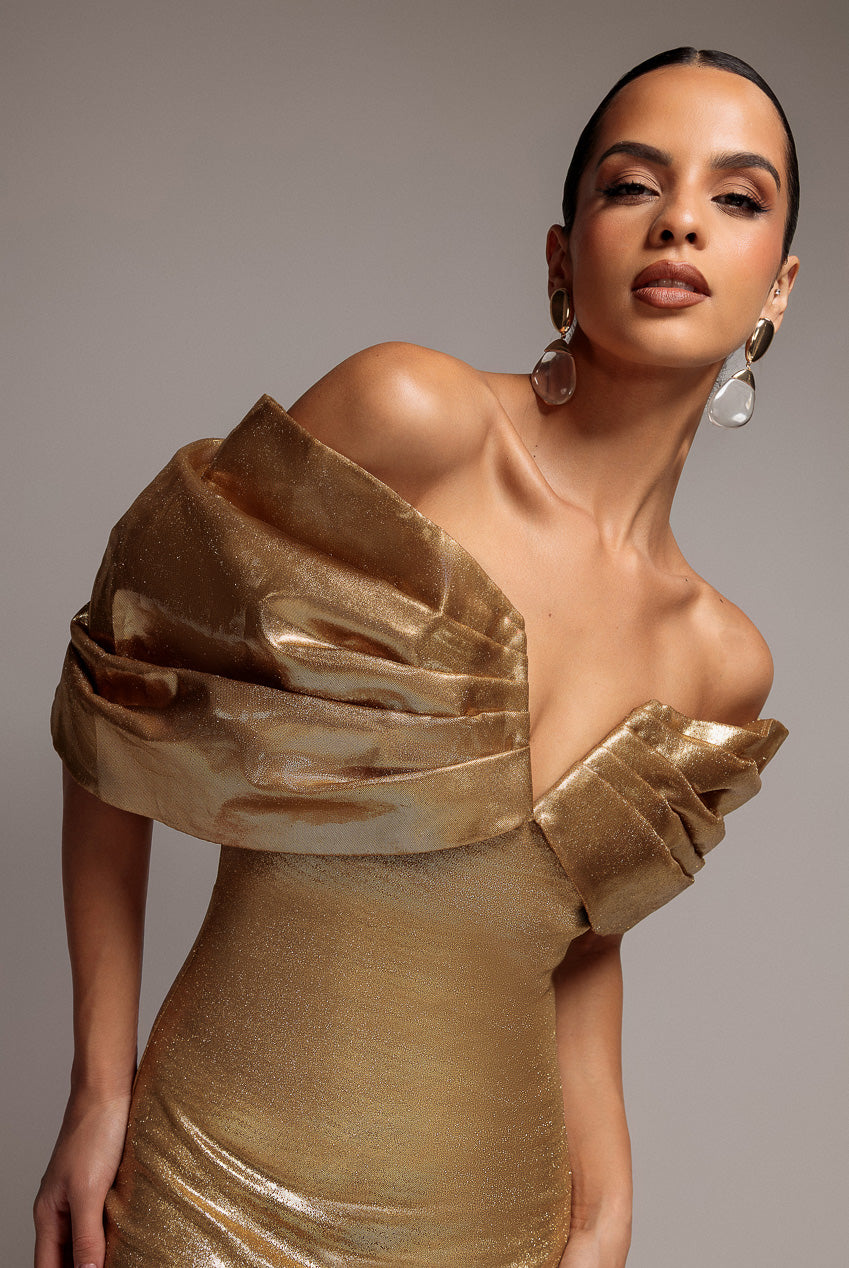 Plunge Neck Bardot Foil & Organza Maxi Dress - Gold DR5145
