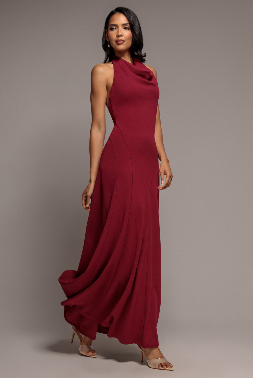 Halterneck Cowl Neck Backless Scuba Crepe Maxi Dress - Burgundy DR5148