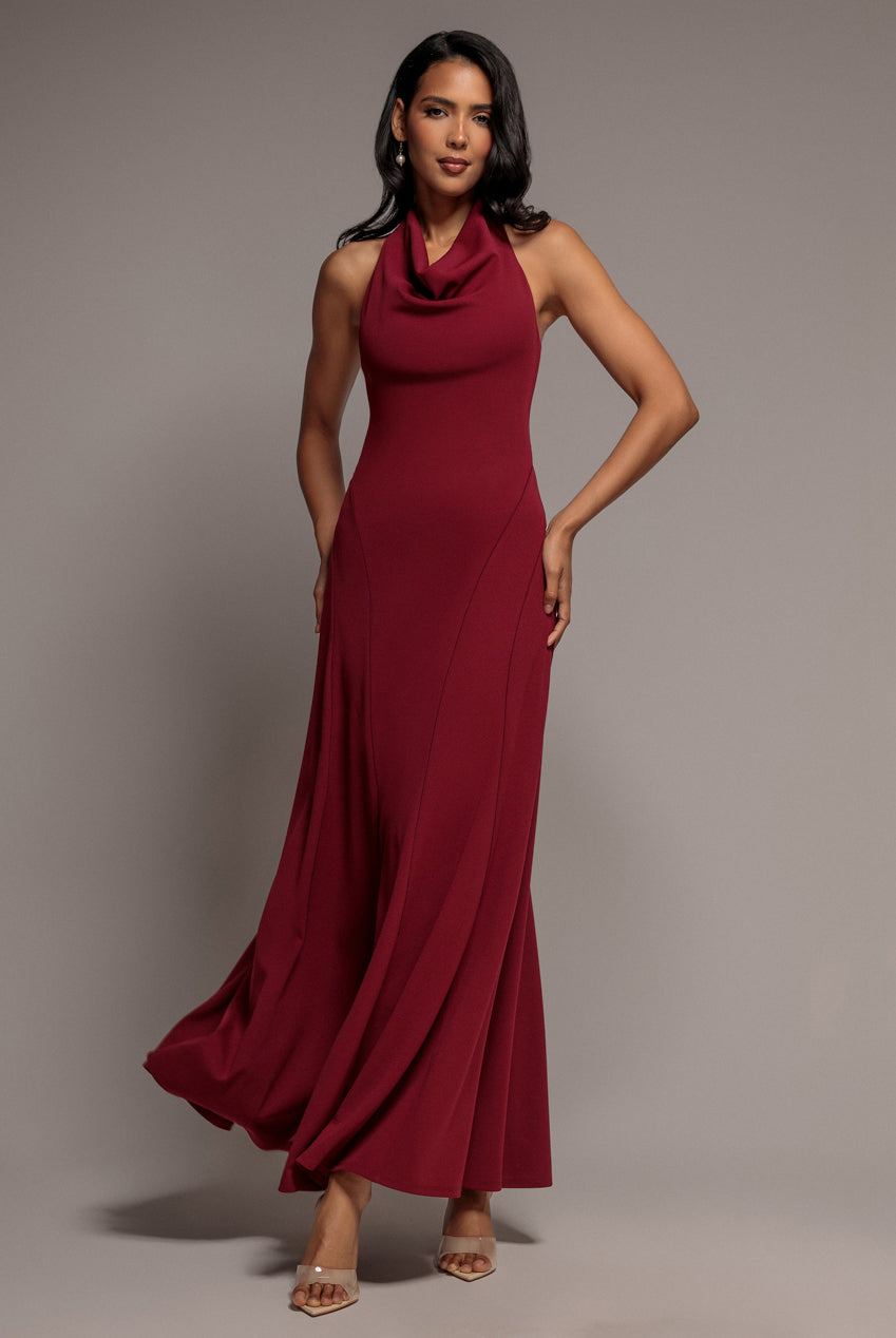 Halterneck Cowl Neck Backless Scuba Crepe Maxi Dress - Burgundy DR5148